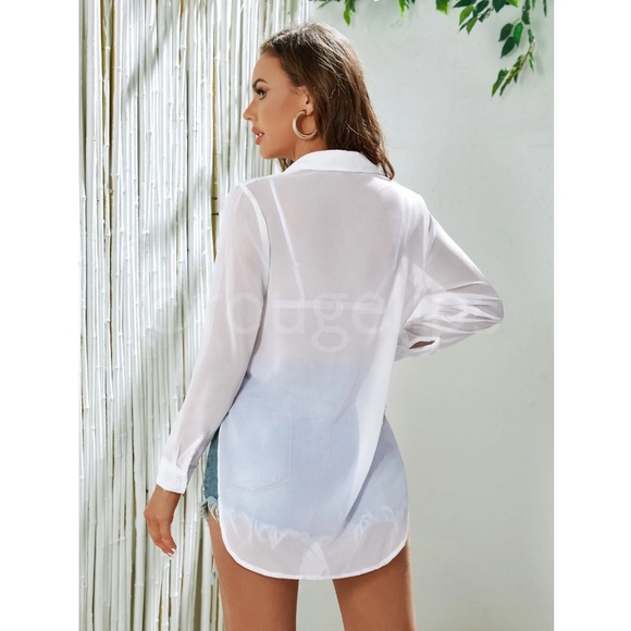 White Sheer Chiffon Button Down Shirt Long Sleeve - Picture 5 of 6